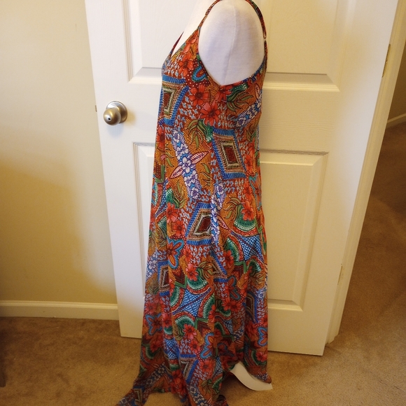 Just Taylor orange and blue floral and native print handkerchief maxi dress. 8 - Picture 2 of 9